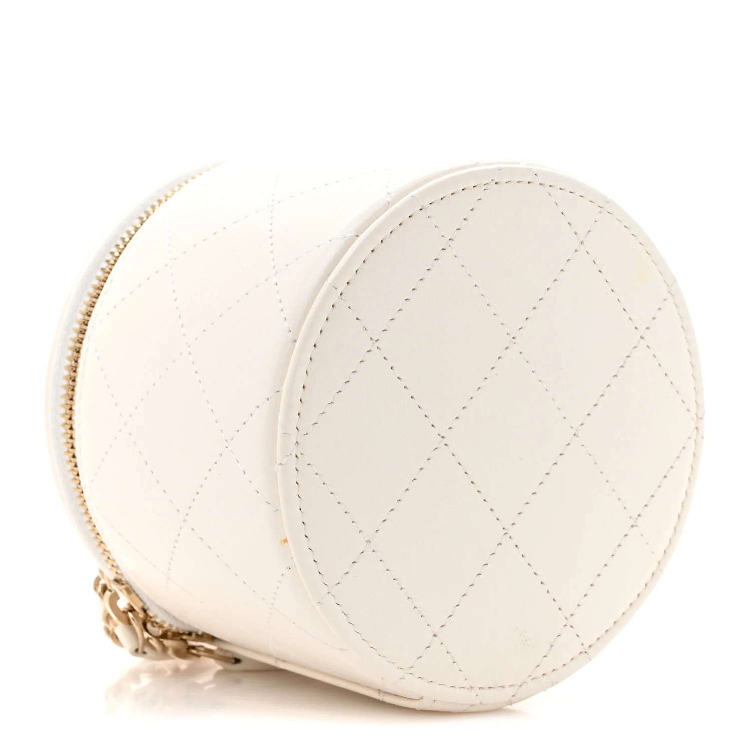 Lambskin Quilted Round Small Vanity Case With Chain White Black - Image 4
