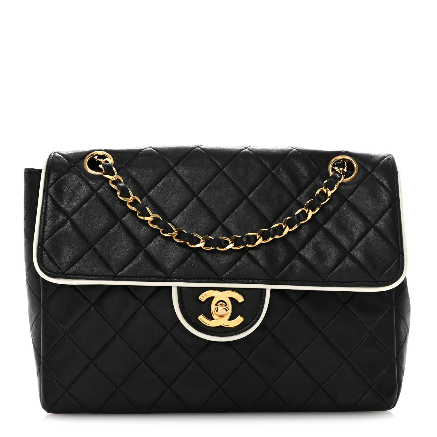 Lambskin Quilted Single Flap Black White