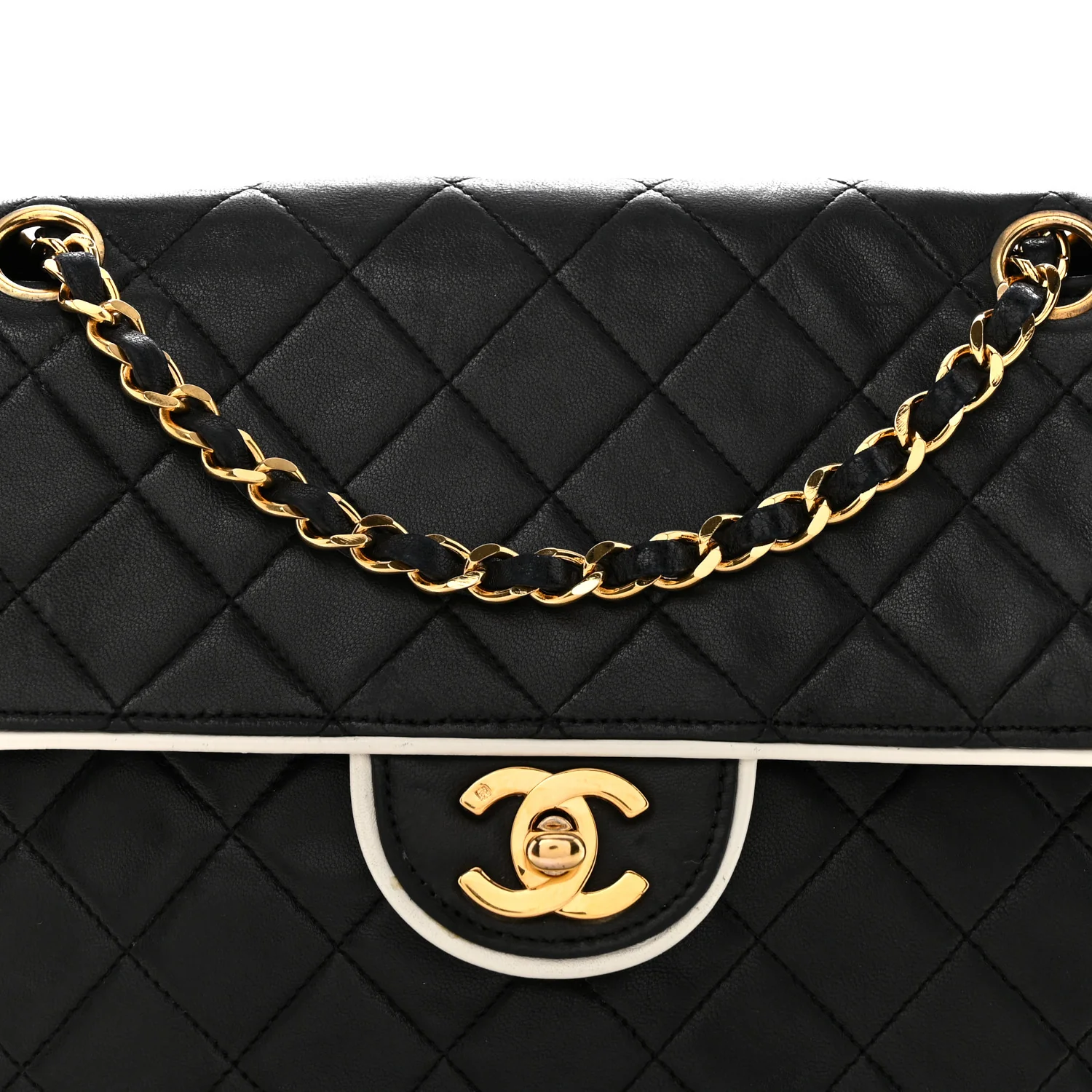 Lambskin Quilted Single Flap Black White - Image 8