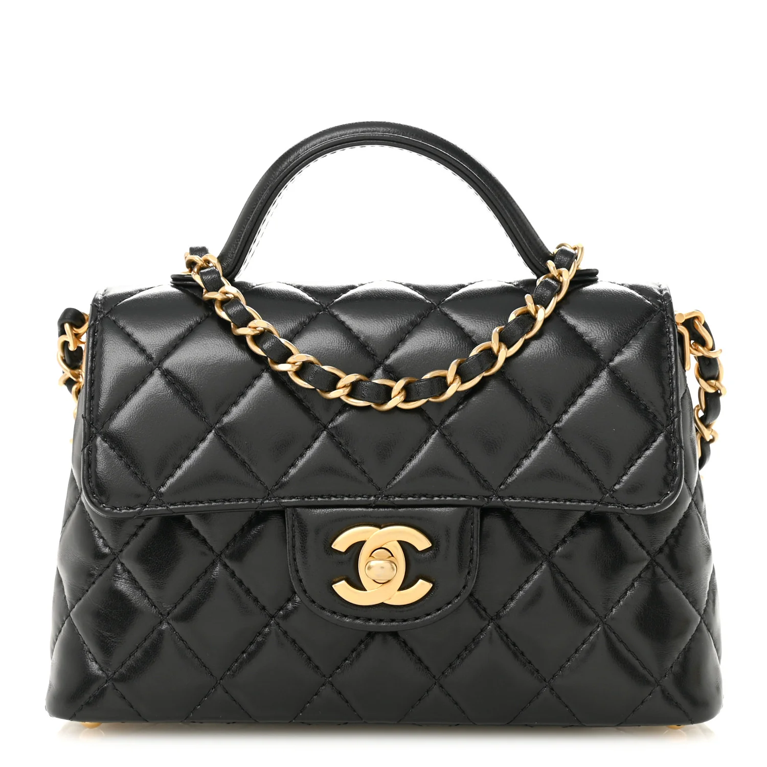 Lambskin Quilted Small Flap Top Handle Bag Black