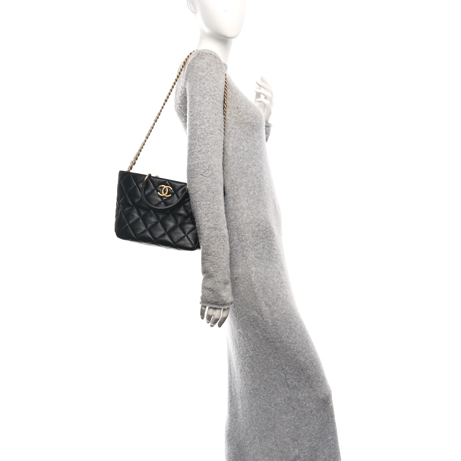 Lambskin Quilted Small Top Handle Shopping Bag Black - Image 2