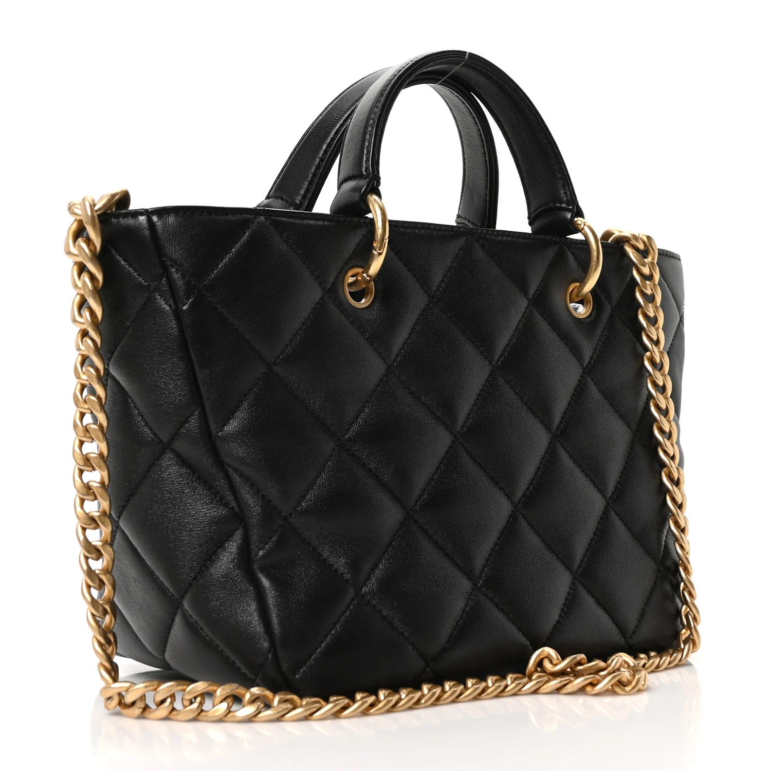 Lambskin Quilted Small Top Handle Shopping Bag Black - Image 3
