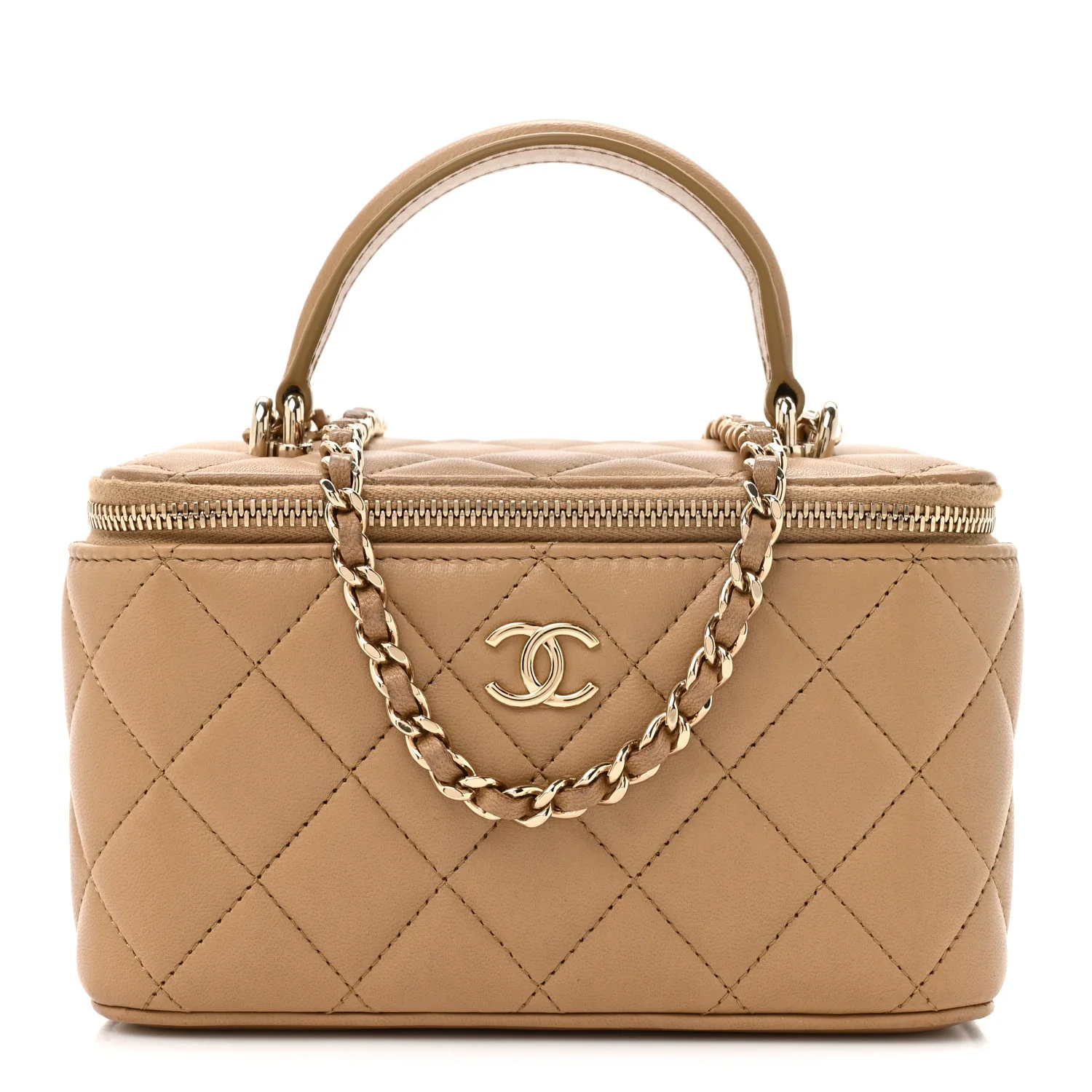 Lambskin Quilted Small Top Handle Vanity Case With Chain Beige