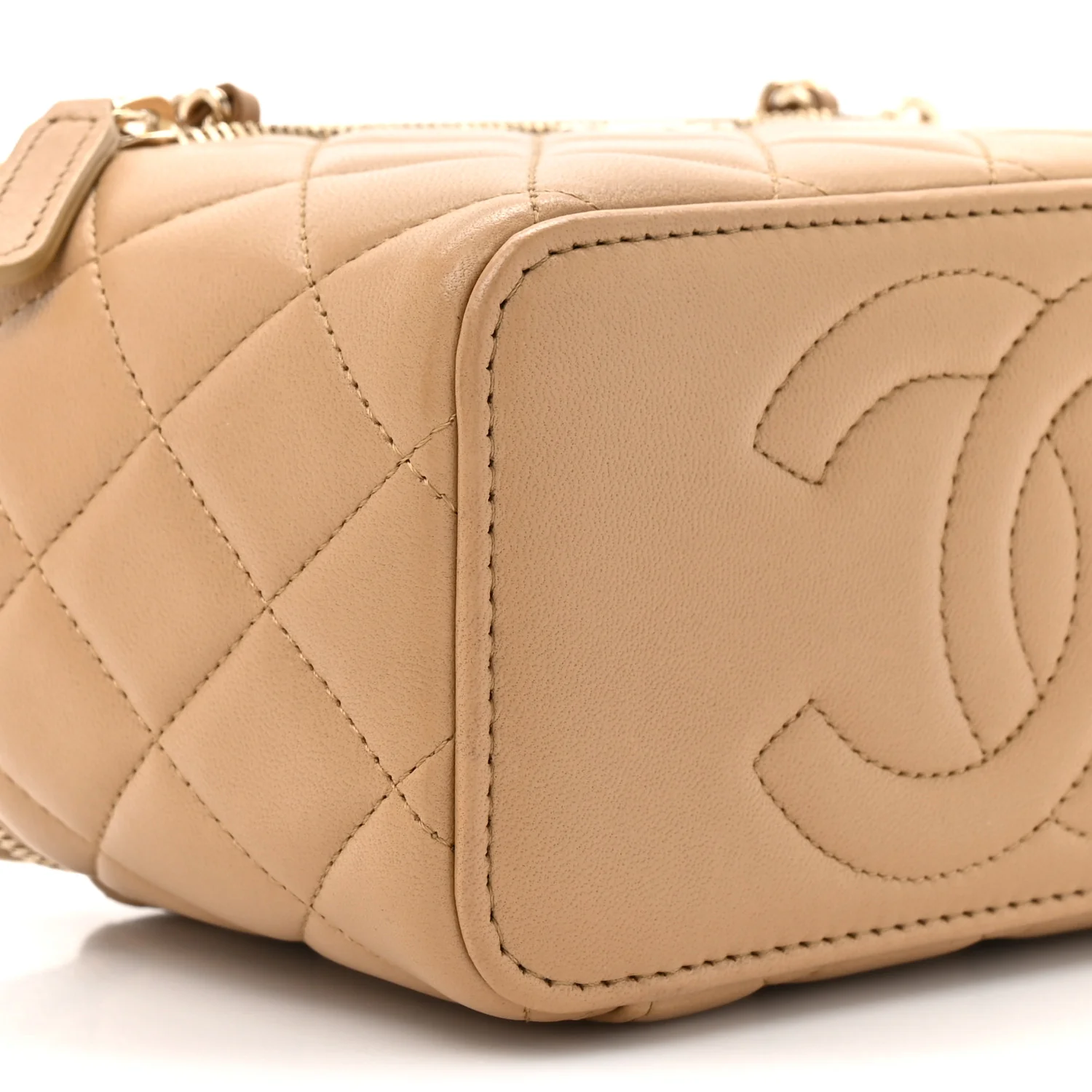 Lambskin Quilted Small Top Handle Vanity Case With Chain Beige - Image 10