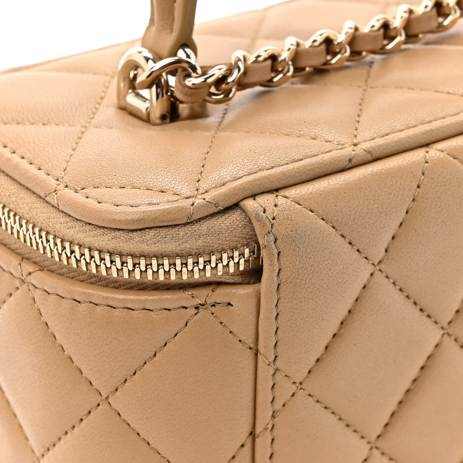 Lambskin Quilted Small Top Handle Vanity Case With Chain Beige - Image 13