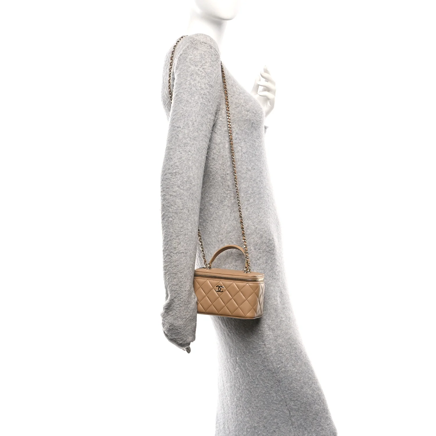 Lambskin Quilted Small Top Handle Vanity Case With Chain Beige - Image 2