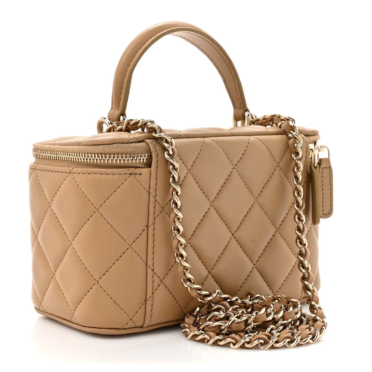 Lambskin Quilted Small Top Handle Vanity Case With Chain Beige - Image 3