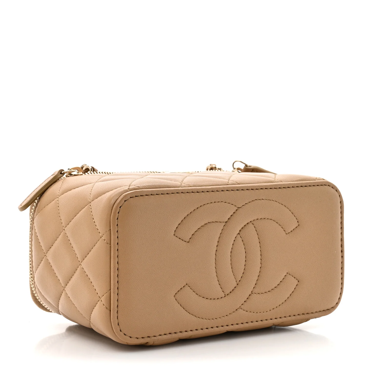 Lambskin Quilted Small Top Handle Vanity Case With Chain Beige - Image 4