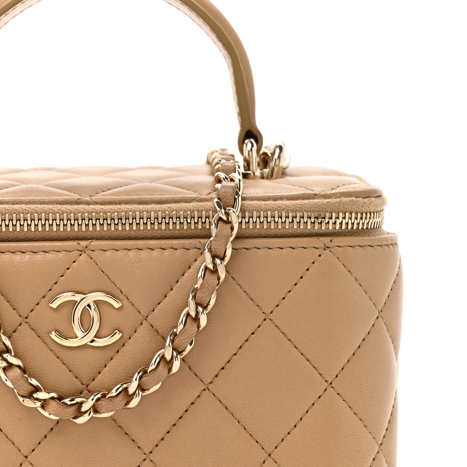 Lambskin Quilted Small Top Handle Vanity Case With Chain Beige - Image 8