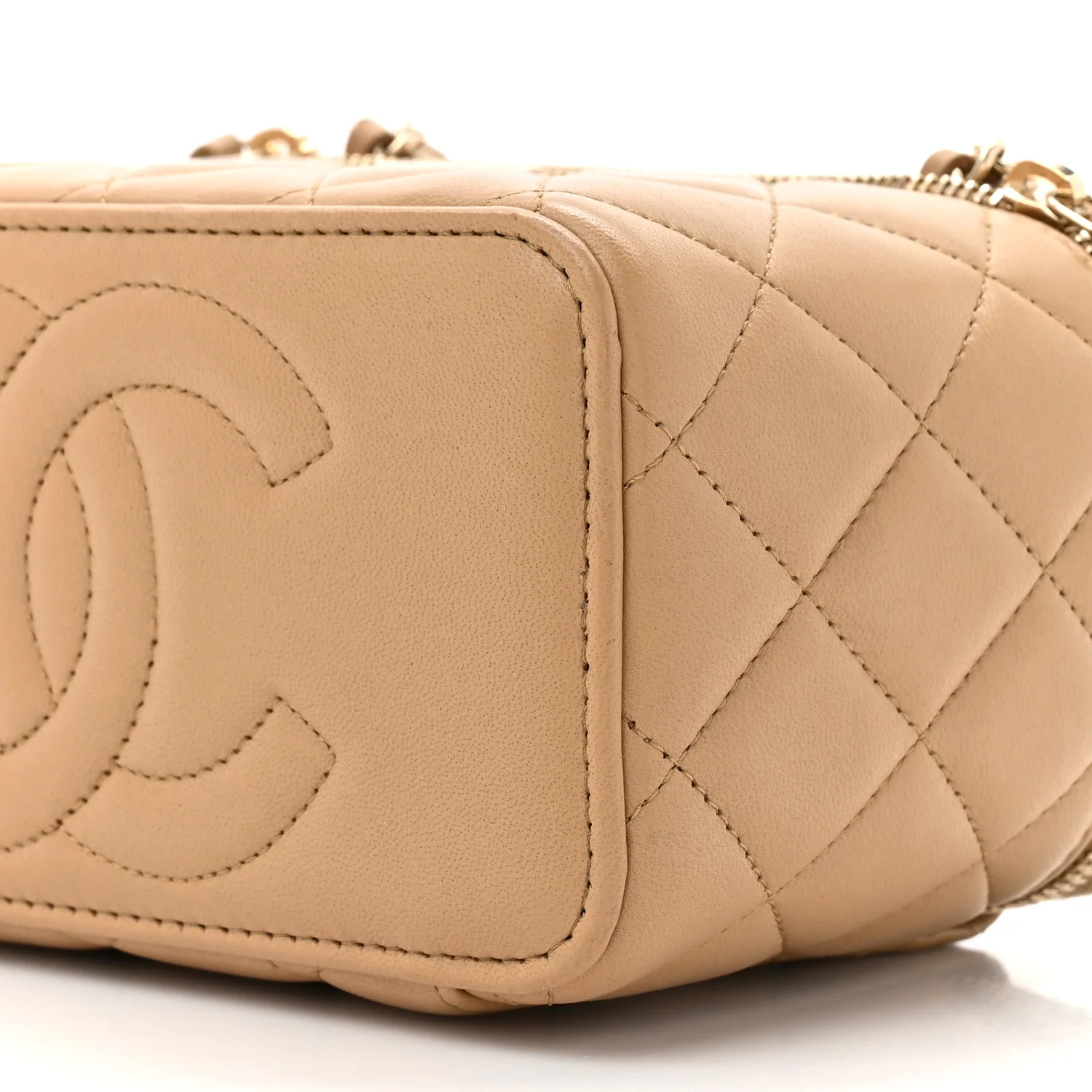Lambskin Quilted Small Top Handle Vanity Case With Chain Beige - Image 9