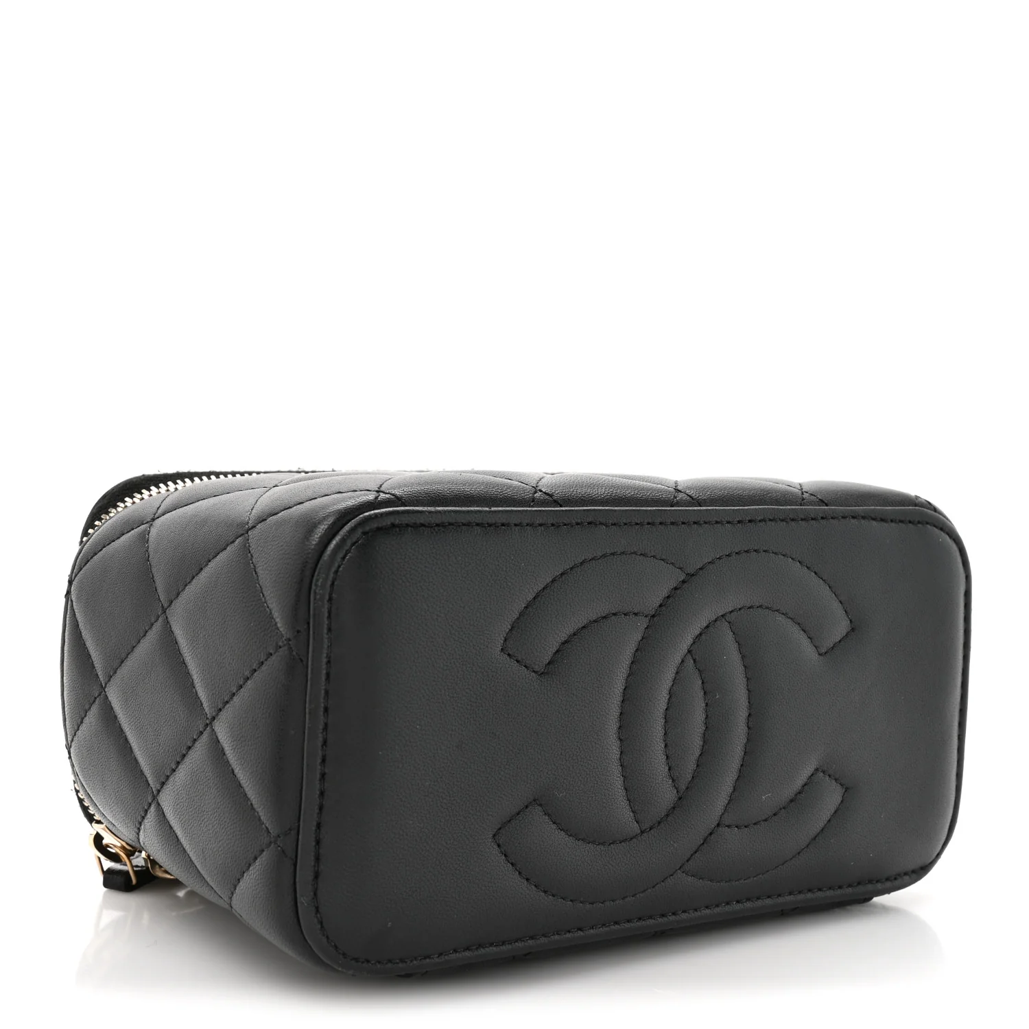 Lambskin Quilted Small Top Handle Vanity Case With Chain Black - Image 4