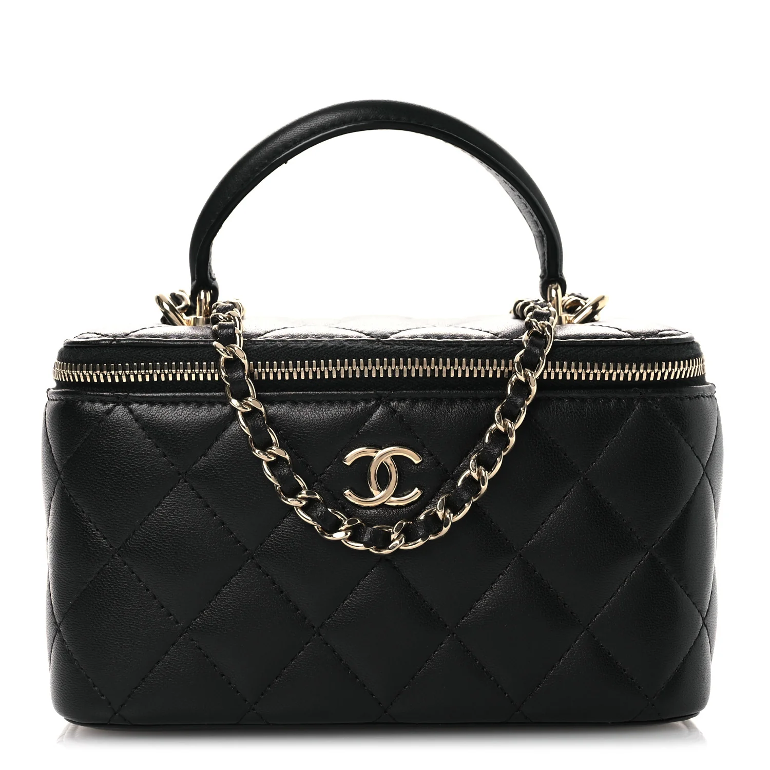 Lambskin Quilted Small Top Handle Vanity Case With Chain Black