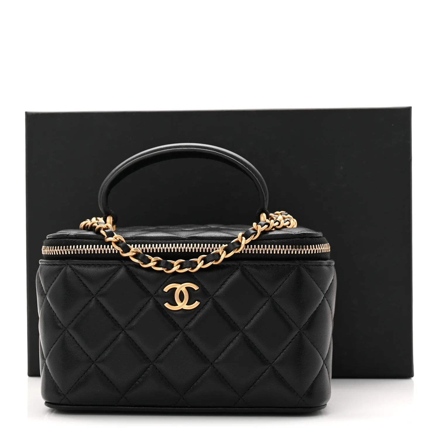Lambskin Quilted Small Top Handle Vanity Case With Chain Black - Image 11