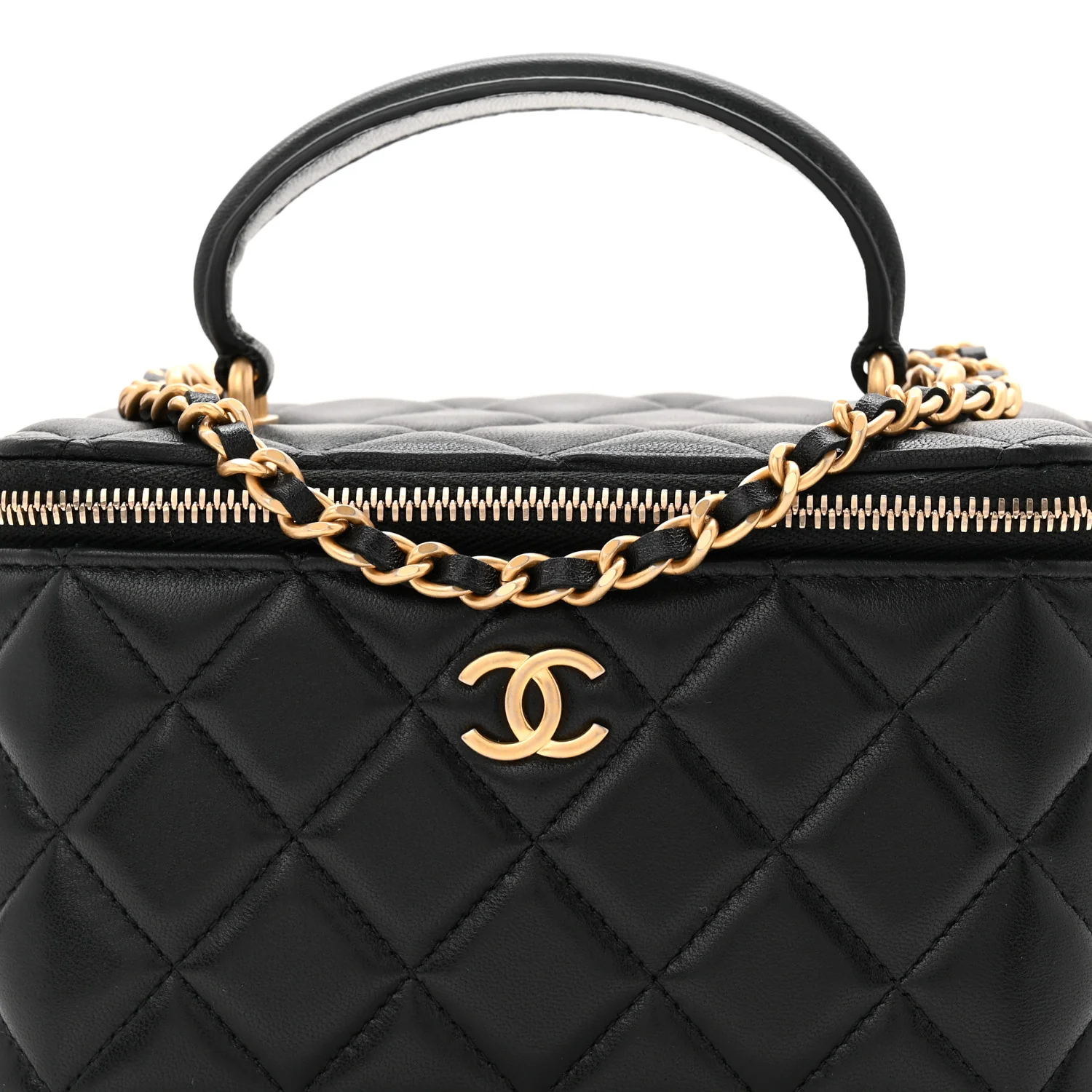 Lambskin Quilted Small Top Handle Vanity Case With Chain Black - Image 8
