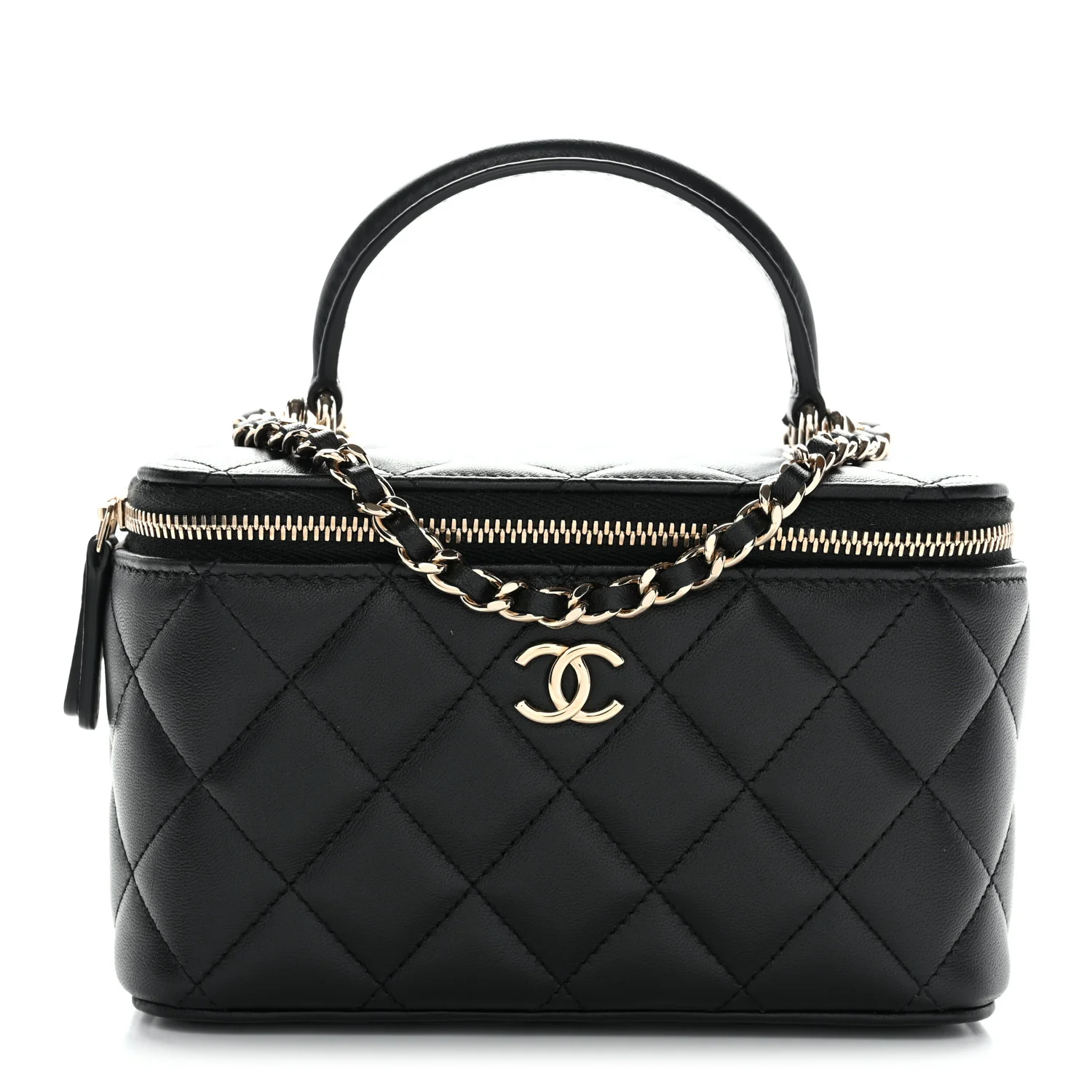 Lambskin Quilted Small Top Handle Vanity Case With Chain Black