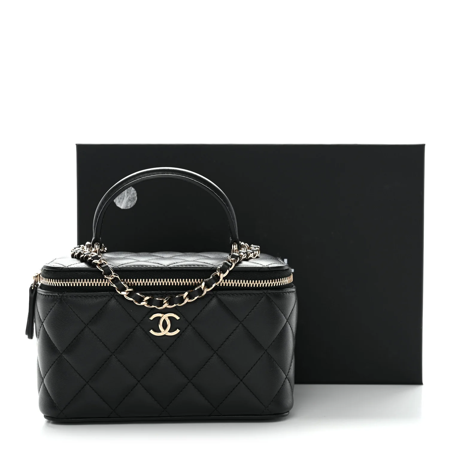 Lambskin Quilted Small Top Handle Vanity Case With Chain Black - Image 11