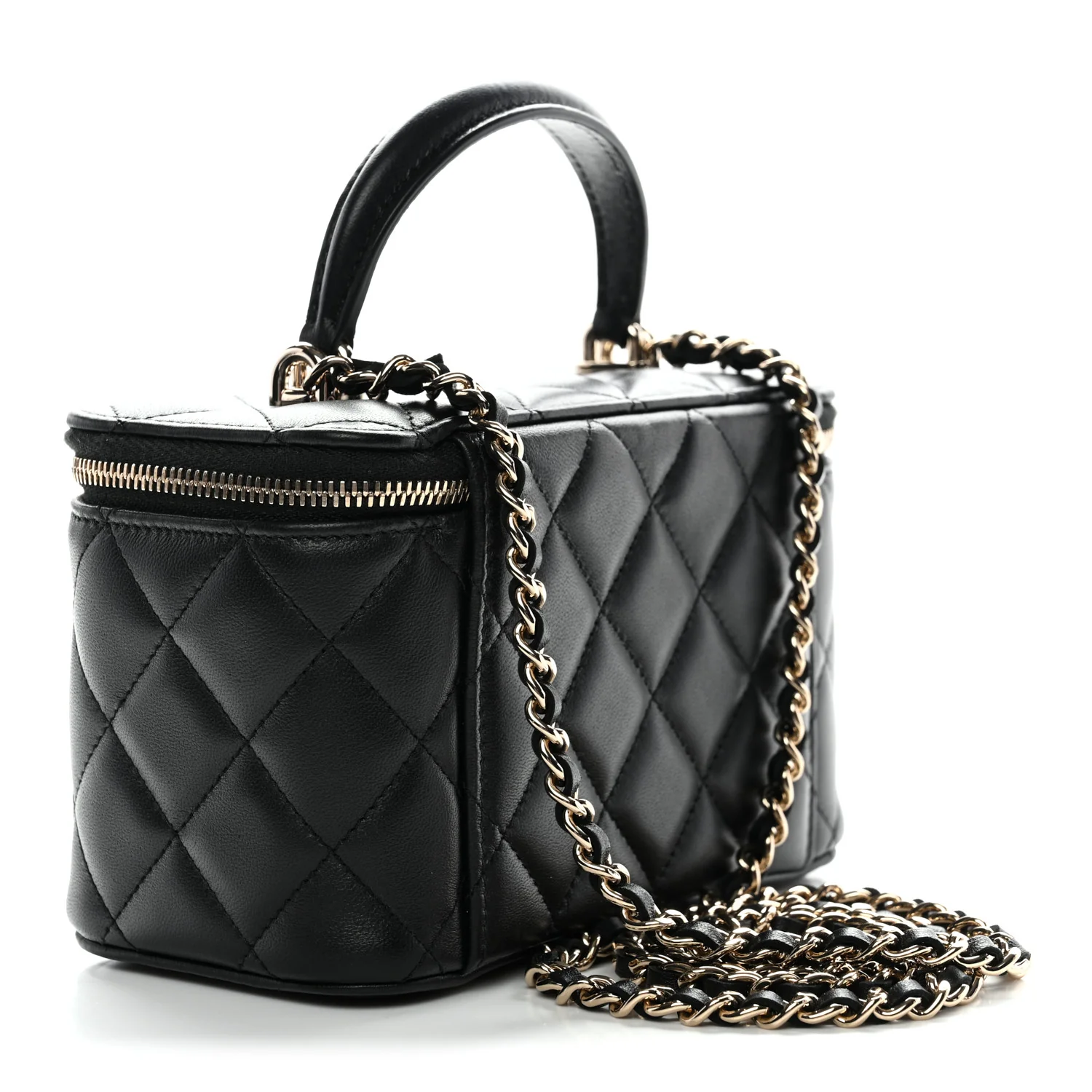 Lambskin Quilted Small Top Handle Vanity Case With Chain Black - Image 3