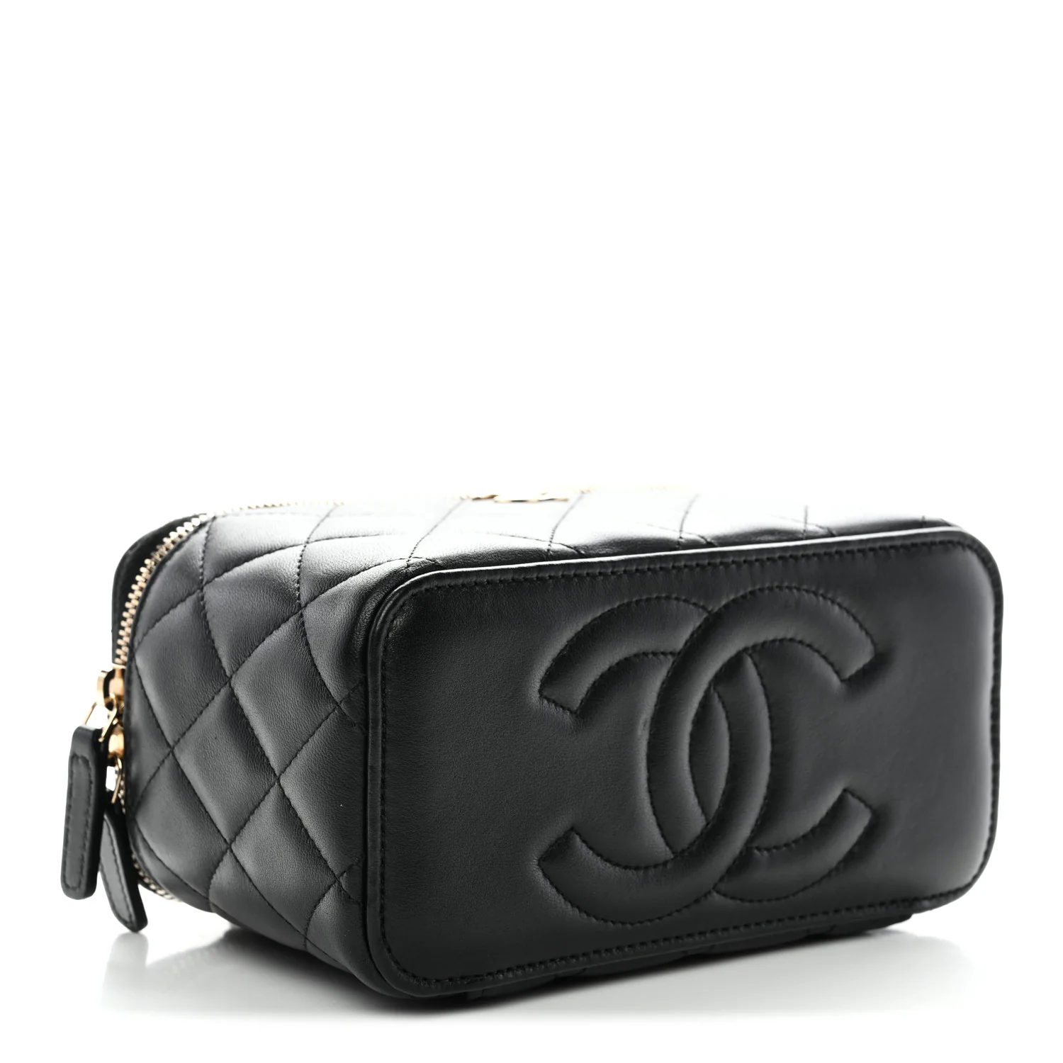 Lambskin Quilted Small Top Handle Vanity Case With Chain Black - Image 4