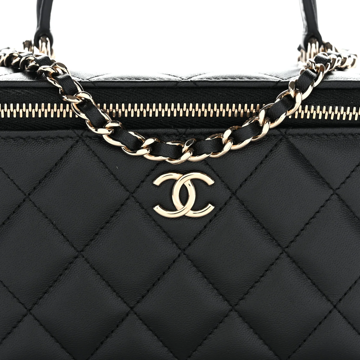 Lambskin Quilted Small Top Handle Vanity Case With Chain Black - Image 8