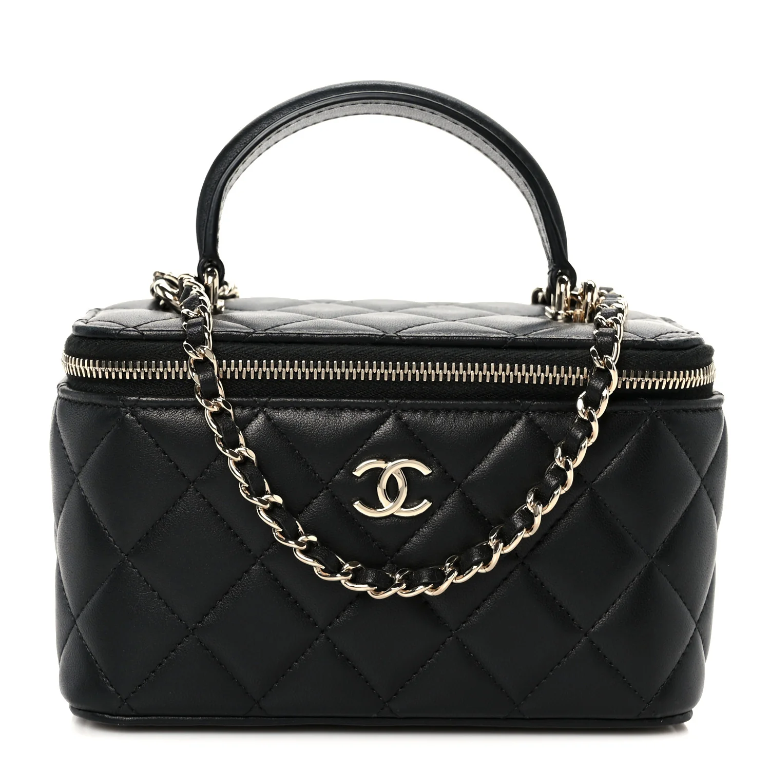 Lambskin Quilted Small Top Handle Vanity Case With Chain Black