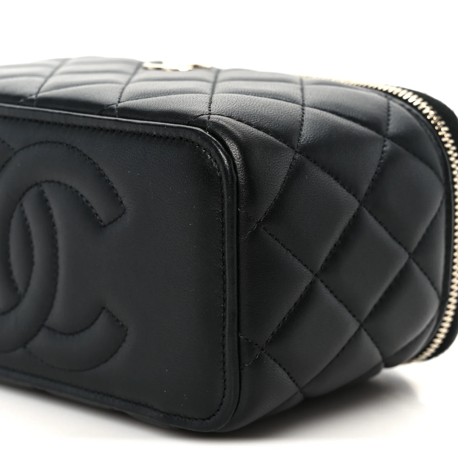 Lambskin Quilted Small Top Handle Vanity Case With Chain Black - Image 10