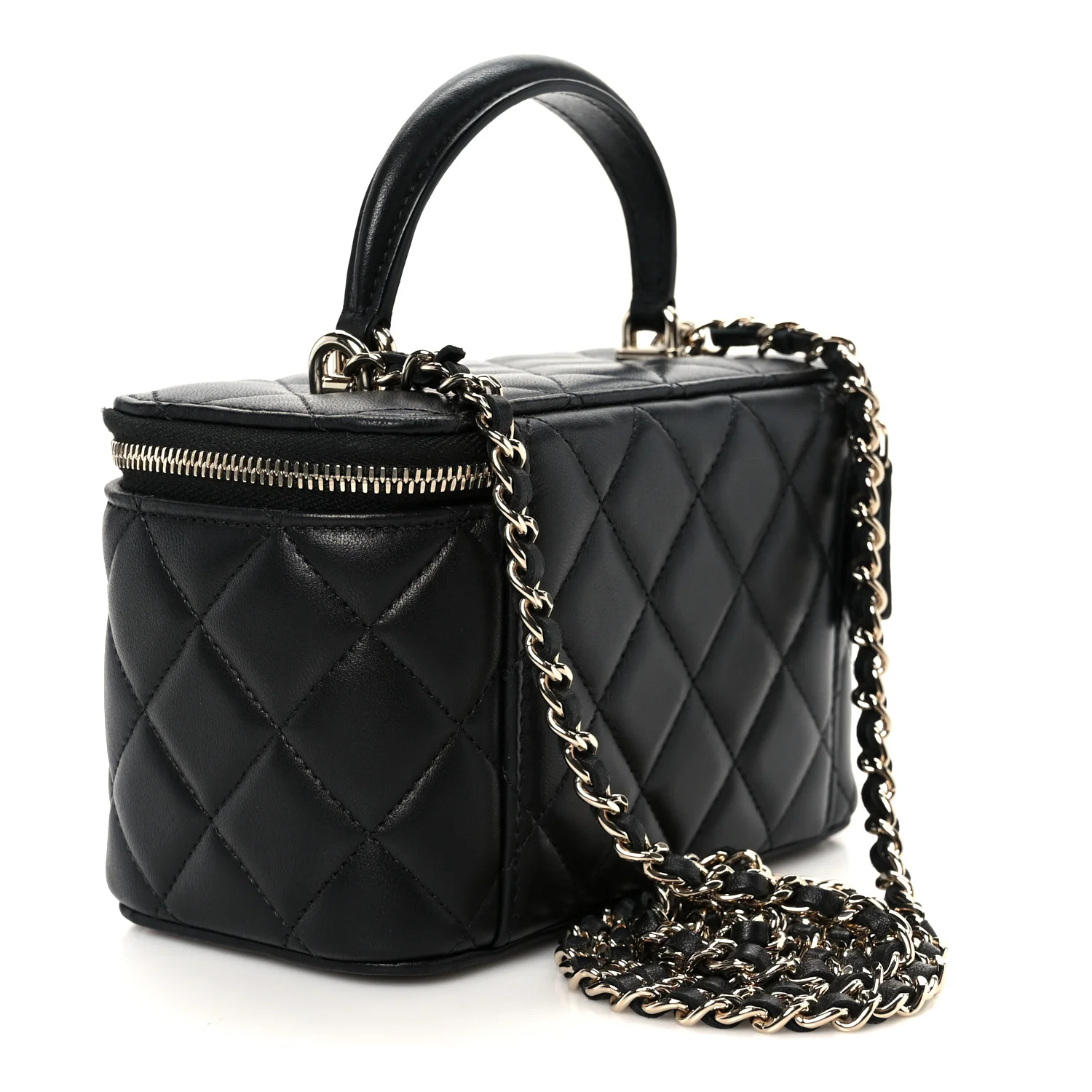 Lambskin Quilted Small Top Handle Vanity Case With Chain Black - Image 3