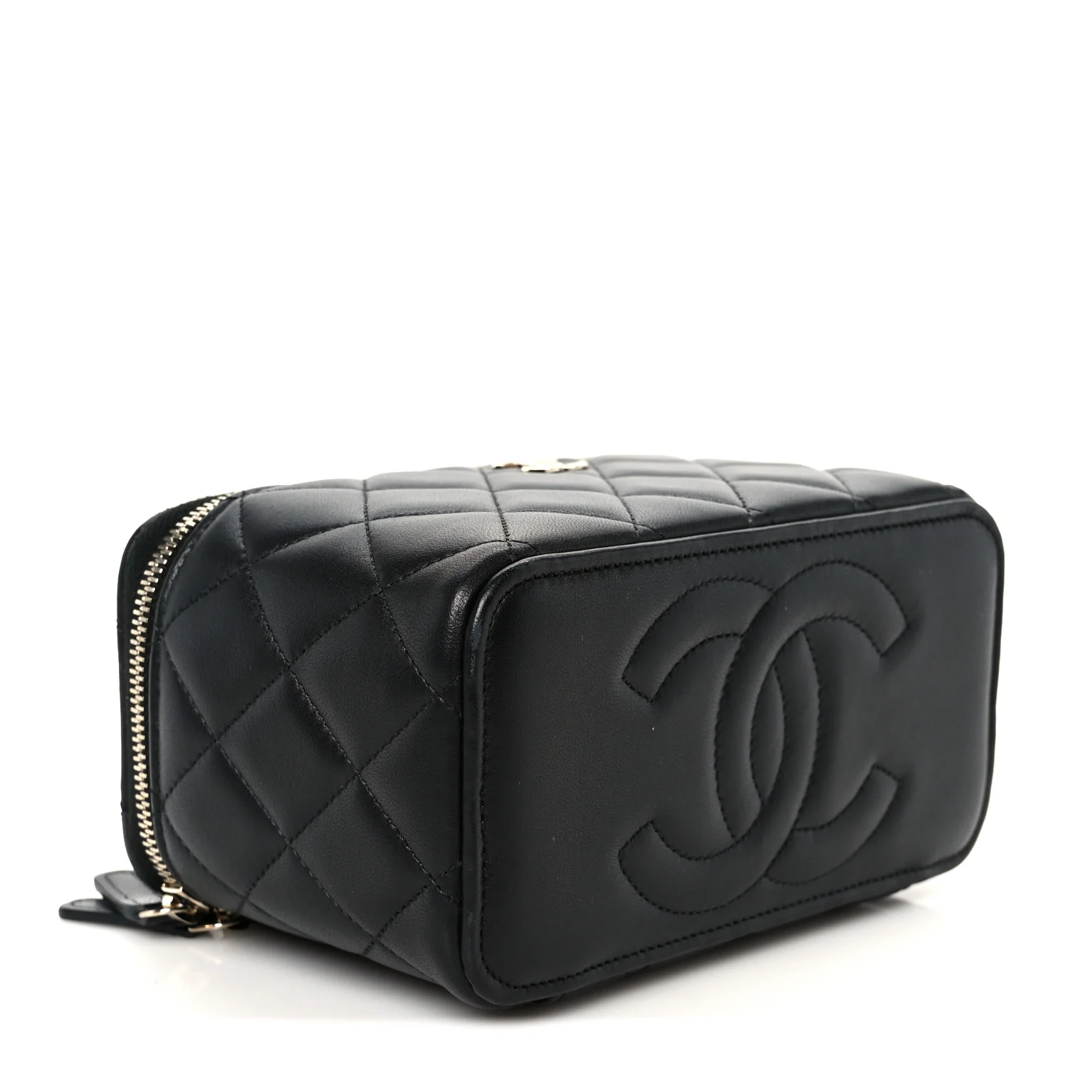 Lambskin Quilted Small Top Handle Vanity Case With Chain Black - Image 4