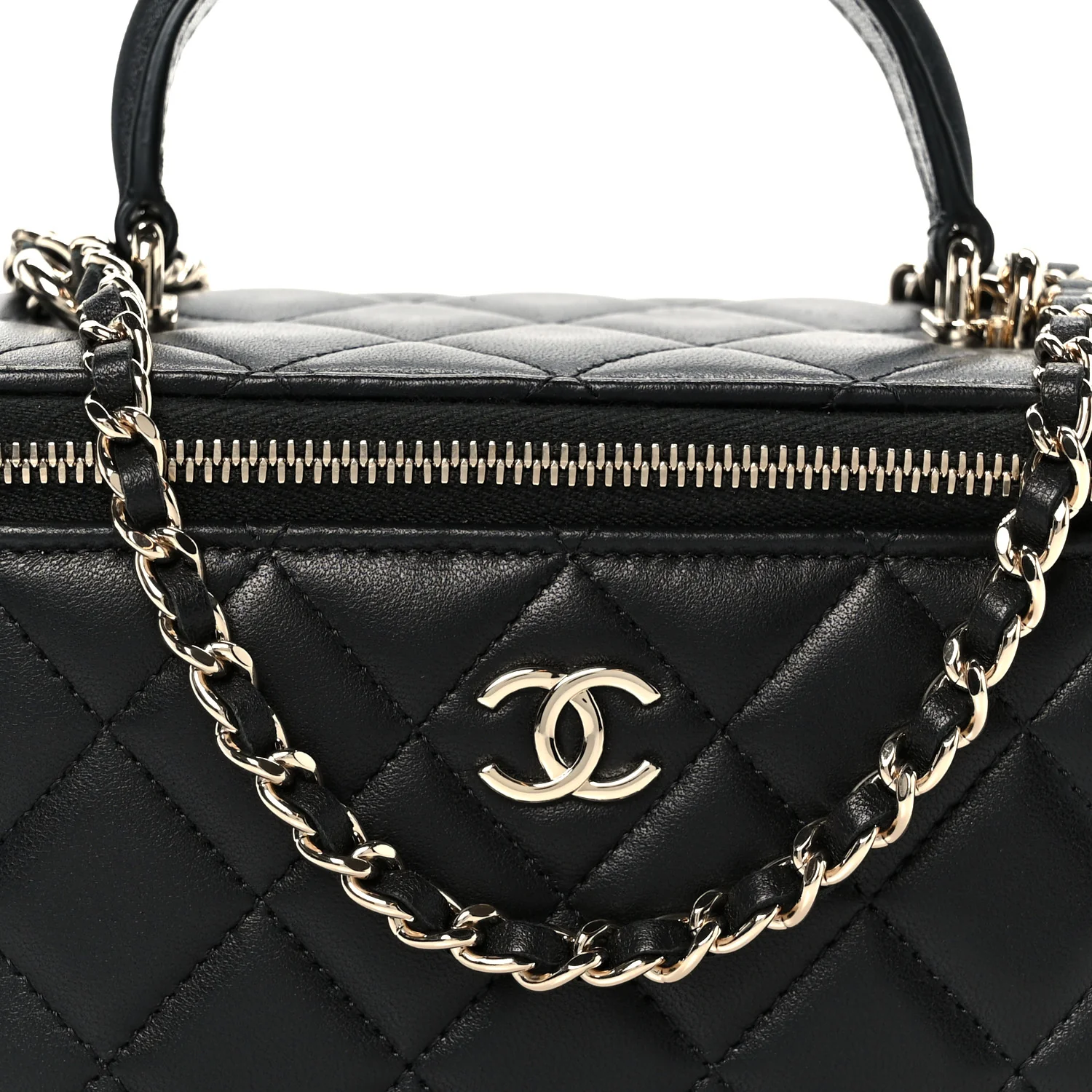 Lambskin Quilted Small Top Handle Vanity Case With Chain Black - Image 8