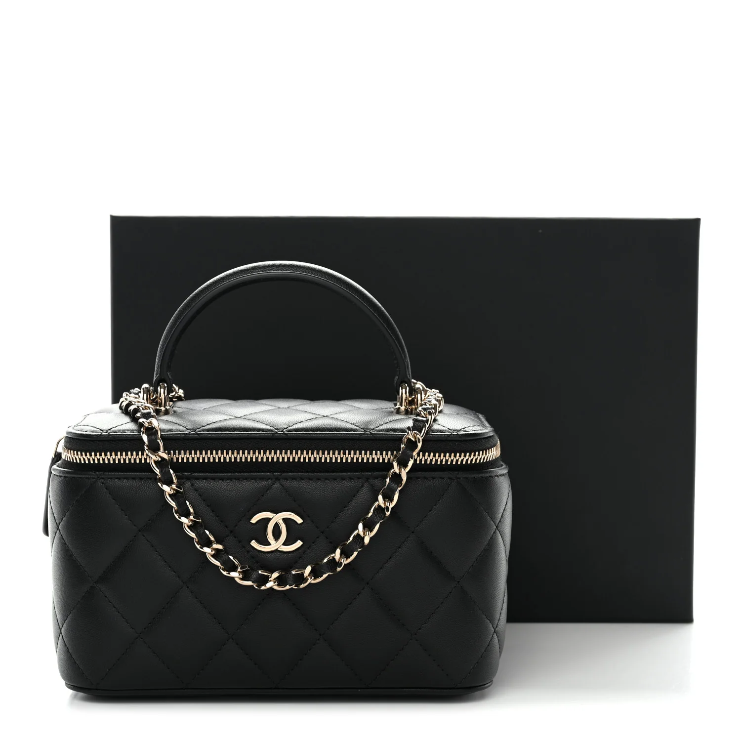 Lambskin Quilted Small Top Handle Vanity Case With Chain Black - Image 11