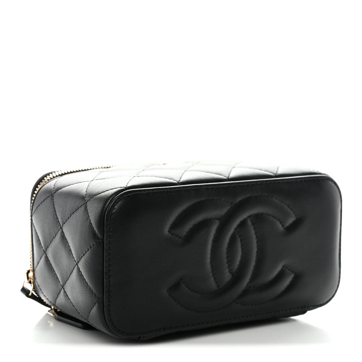 Lambskin Quilted Small Top Handle Vanity Case With Chain Black - Image 4