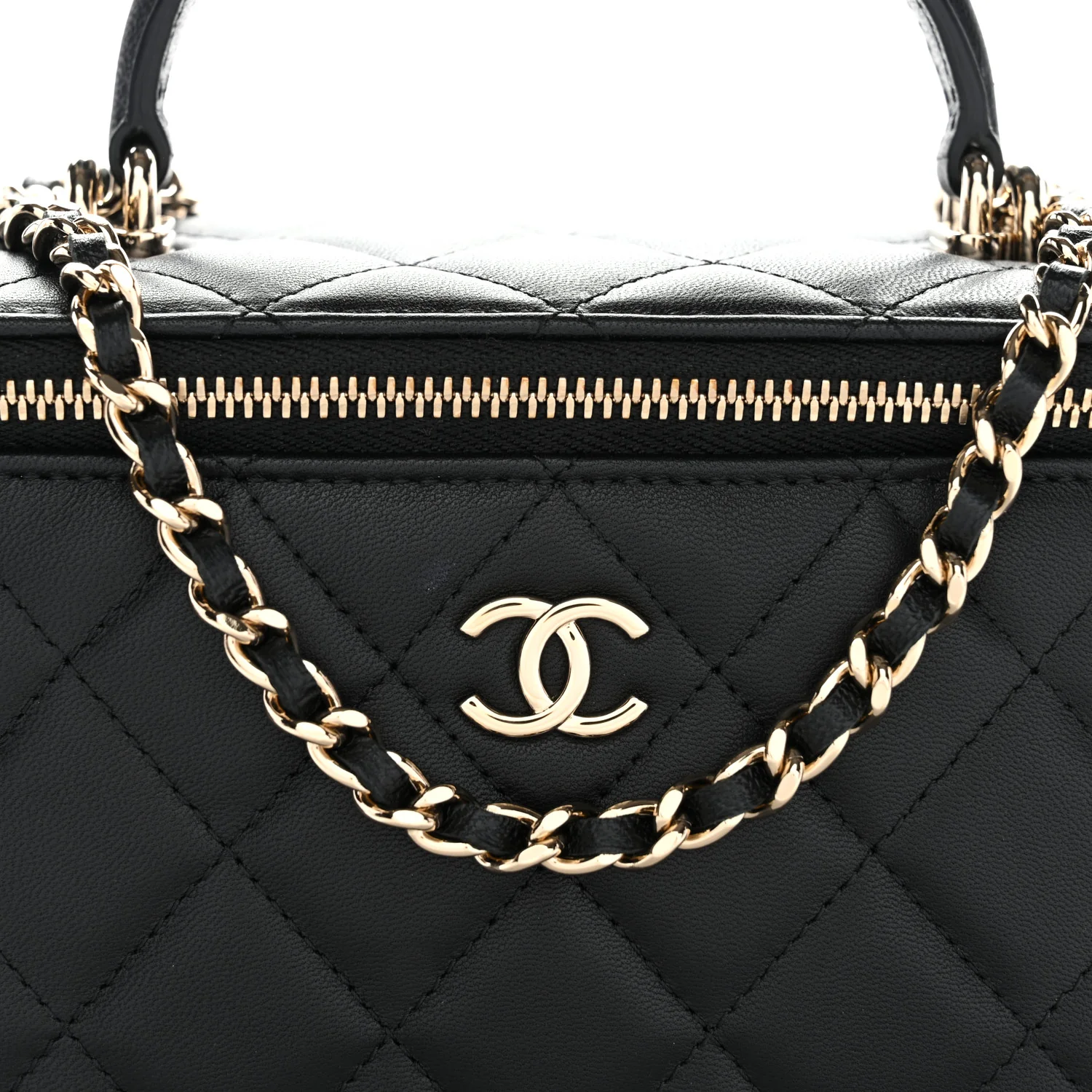 Lambskin Quilted Small Top Handle Vanity Case With Chain Black - Image 8