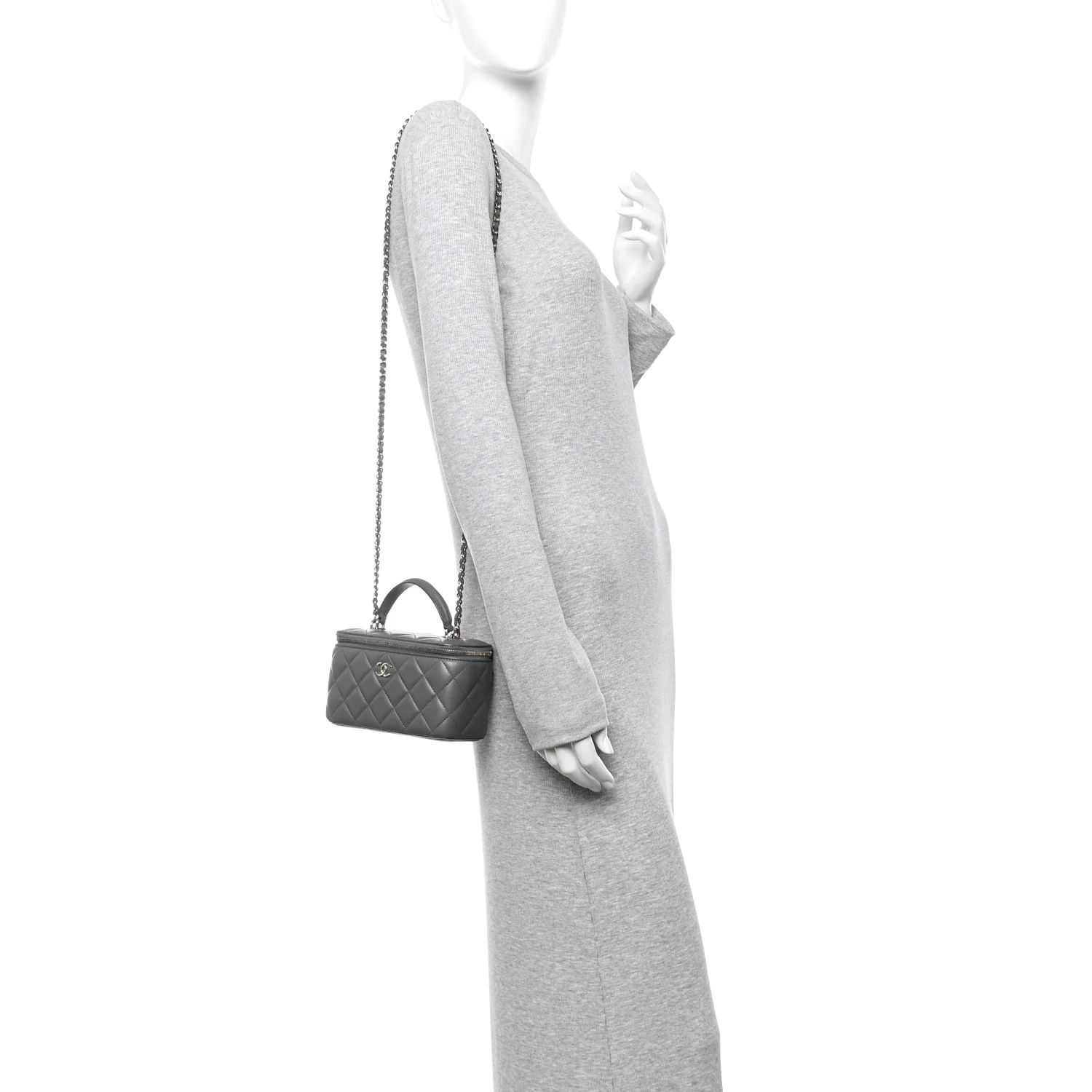 Lambskin Quilted Small Top Handle Vanity Case With Chain Dark Grey - Image 2