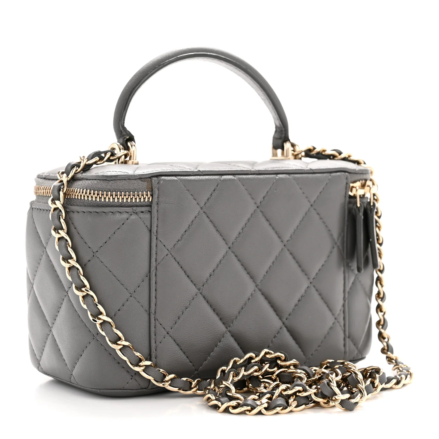Lambskin Quilted Small Top Handle Vanity Case With Chain Dark Grey - Image 3