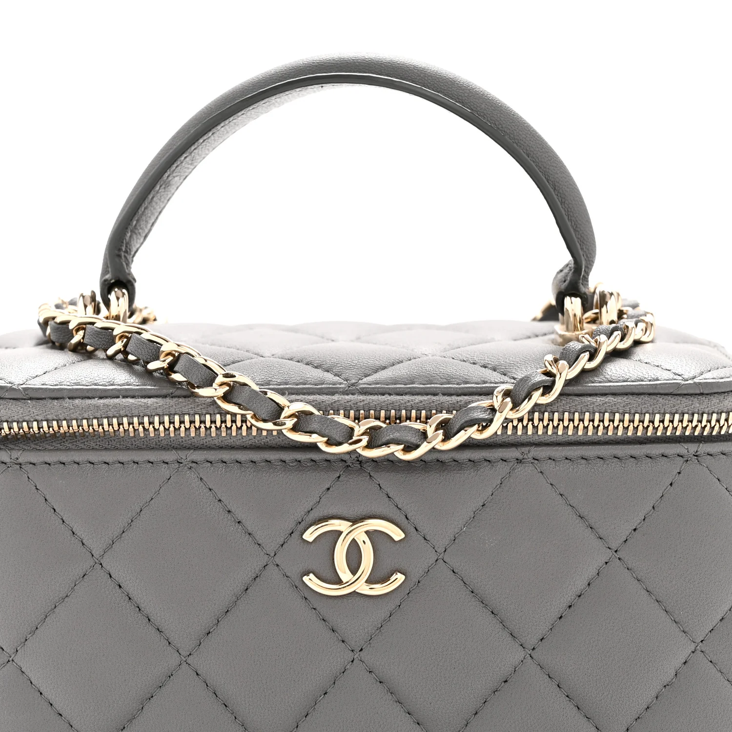 Lambskin Quilted Small Top Handle Vanity Case With Chain Dark Grey - Image 8
