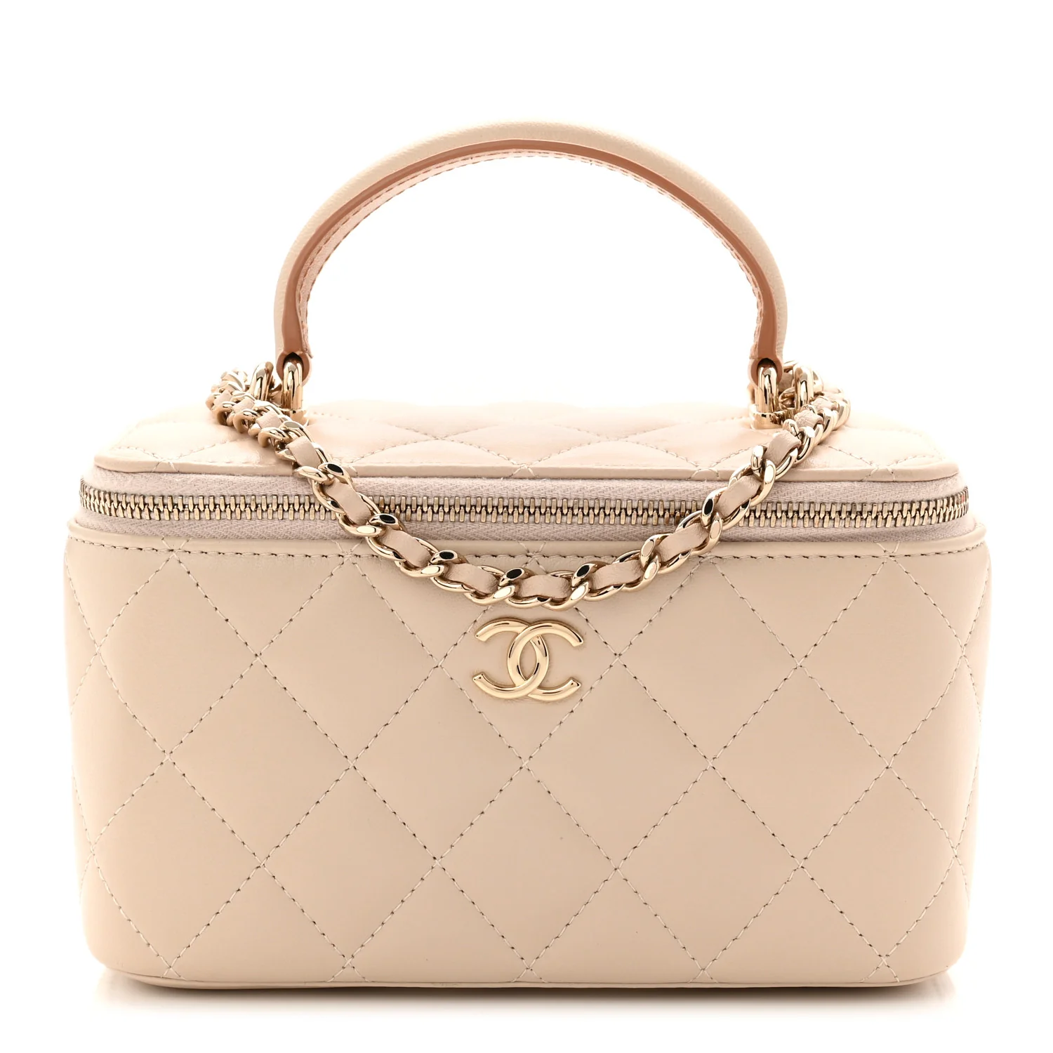 Lambskin Quilted Small Top Handle Vanity Case With Chain Ecru Dark Beige