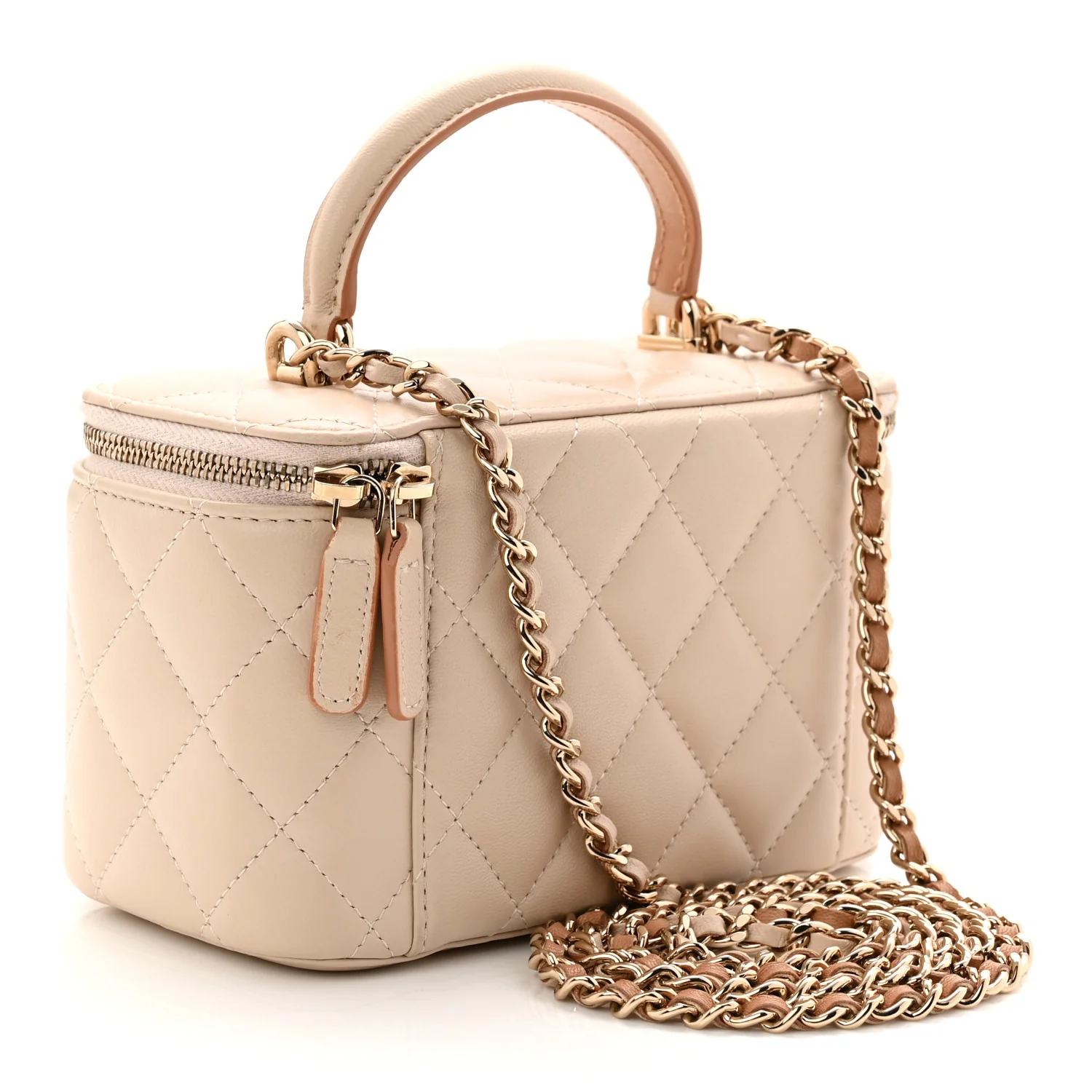 Lambskin Quilted Small Top Handle Vanity Case With Chain Ecru Dark Beige - Image 3