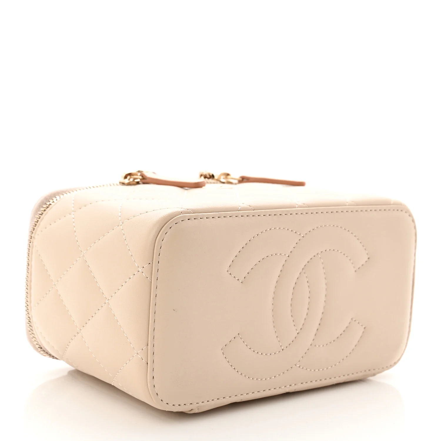 Lambskin Quilted Small Top Handle Vanity Case With Chain Ecru Dark Beige - Image 4