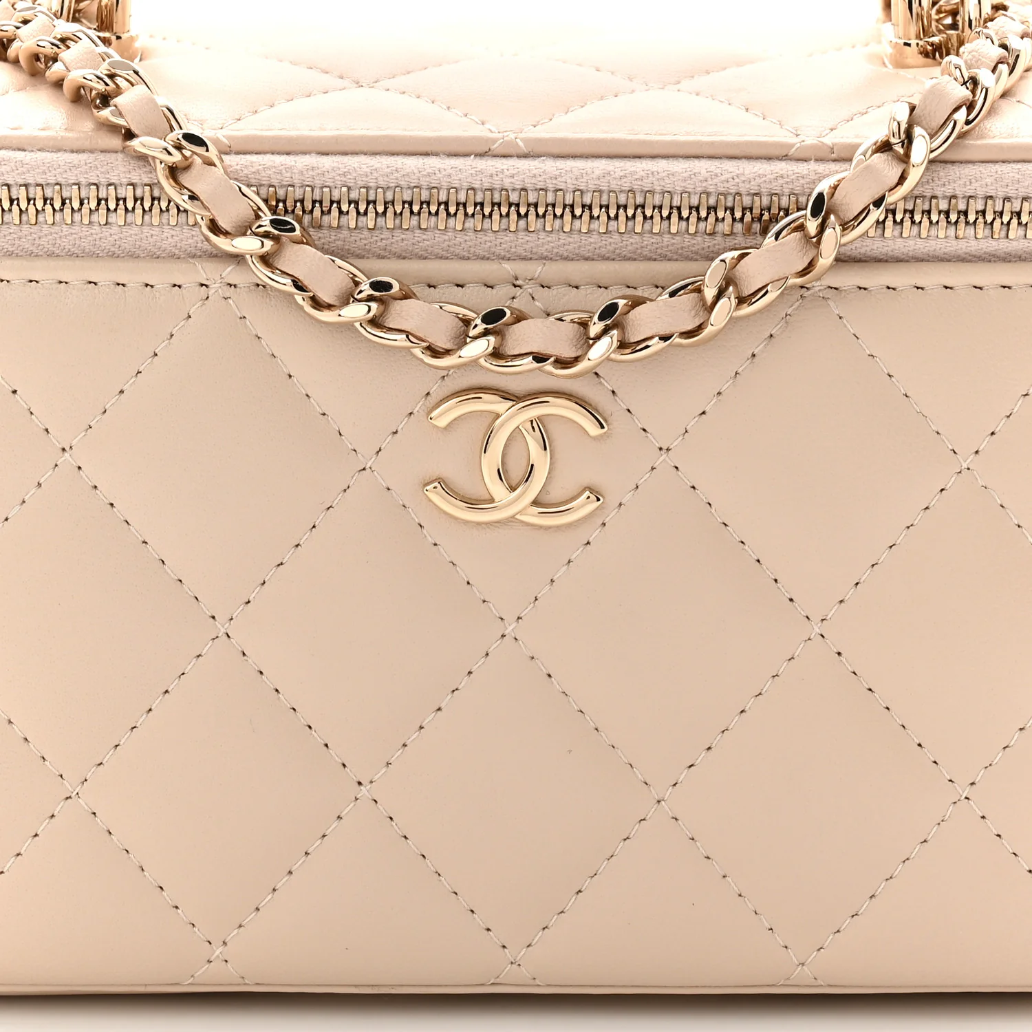 Lambskin Quilted Small Top Handle Vanity Case With Chain Ecru Dark Beige - Image 8