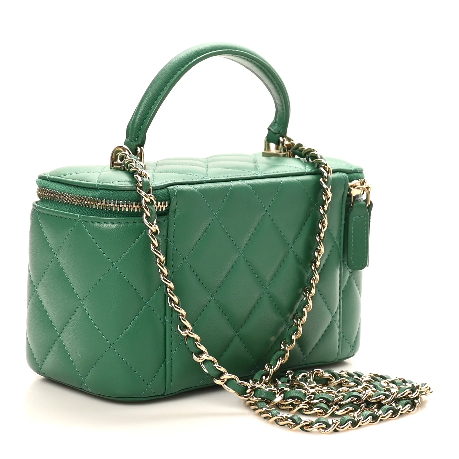 Lambskin Quilted Small Top Handle Vanity Case With Chain Green - Image 3