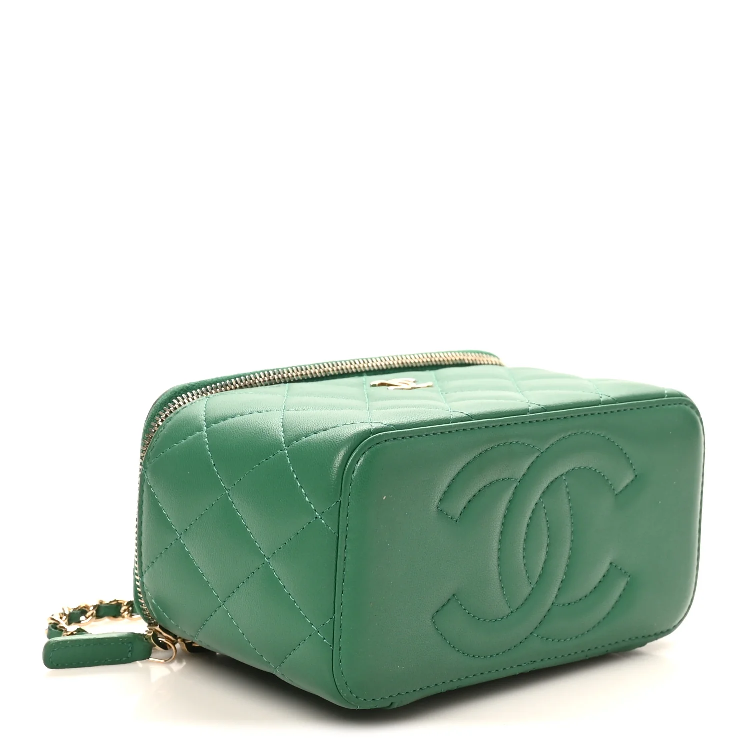 Lambskin Quilted Small Top Handle Vanity Case With Chain Green - Image 4