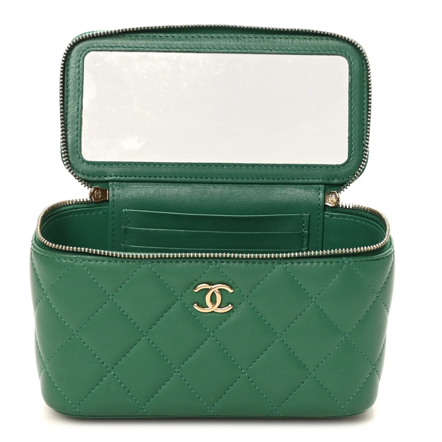 Lambskin Quilted Small Top Handle Vanity Case With Chain Green - Image 5