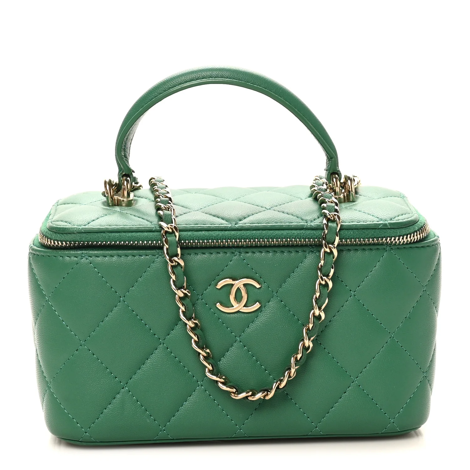 Lambskin Quilted Small Top Handle Vanity Case With Chain Green - Image 9