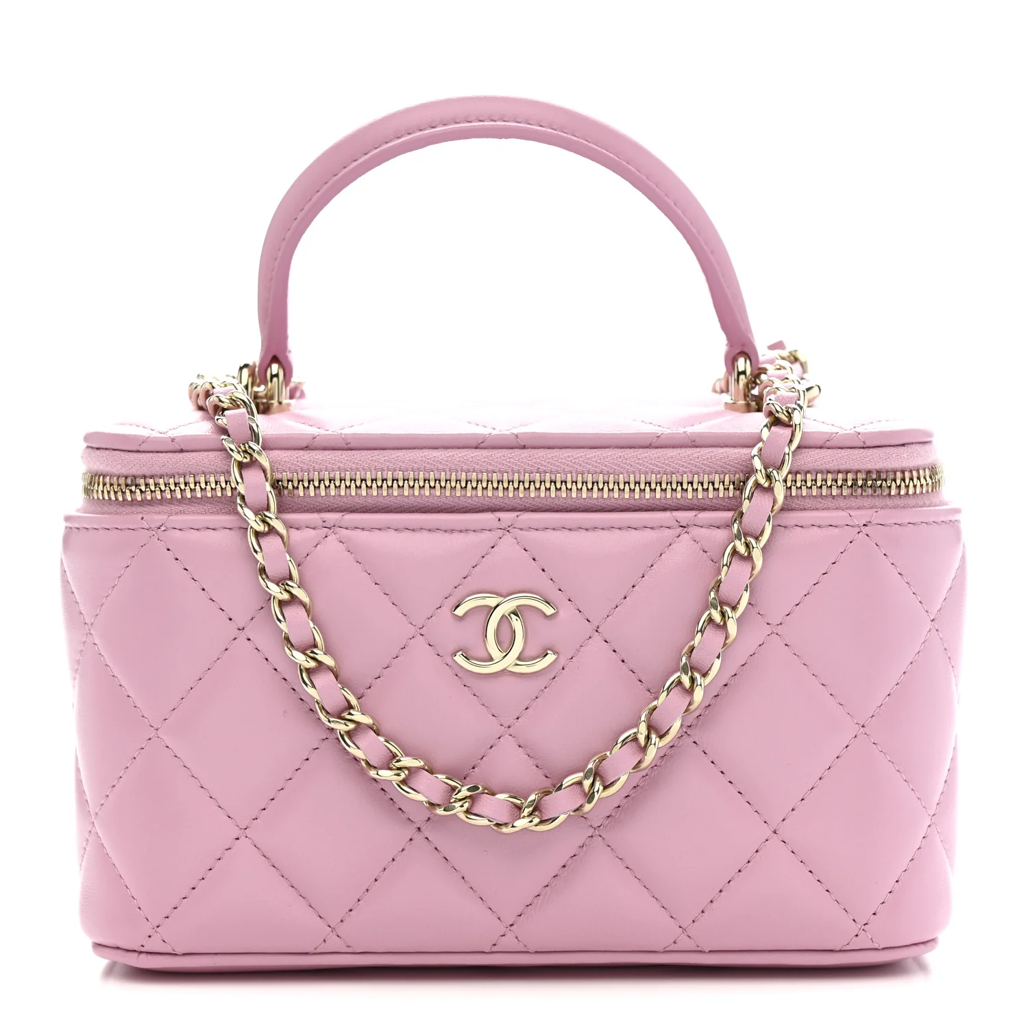 Lambskin Quilted Small Top Handle Vanity Case With Chain Pink