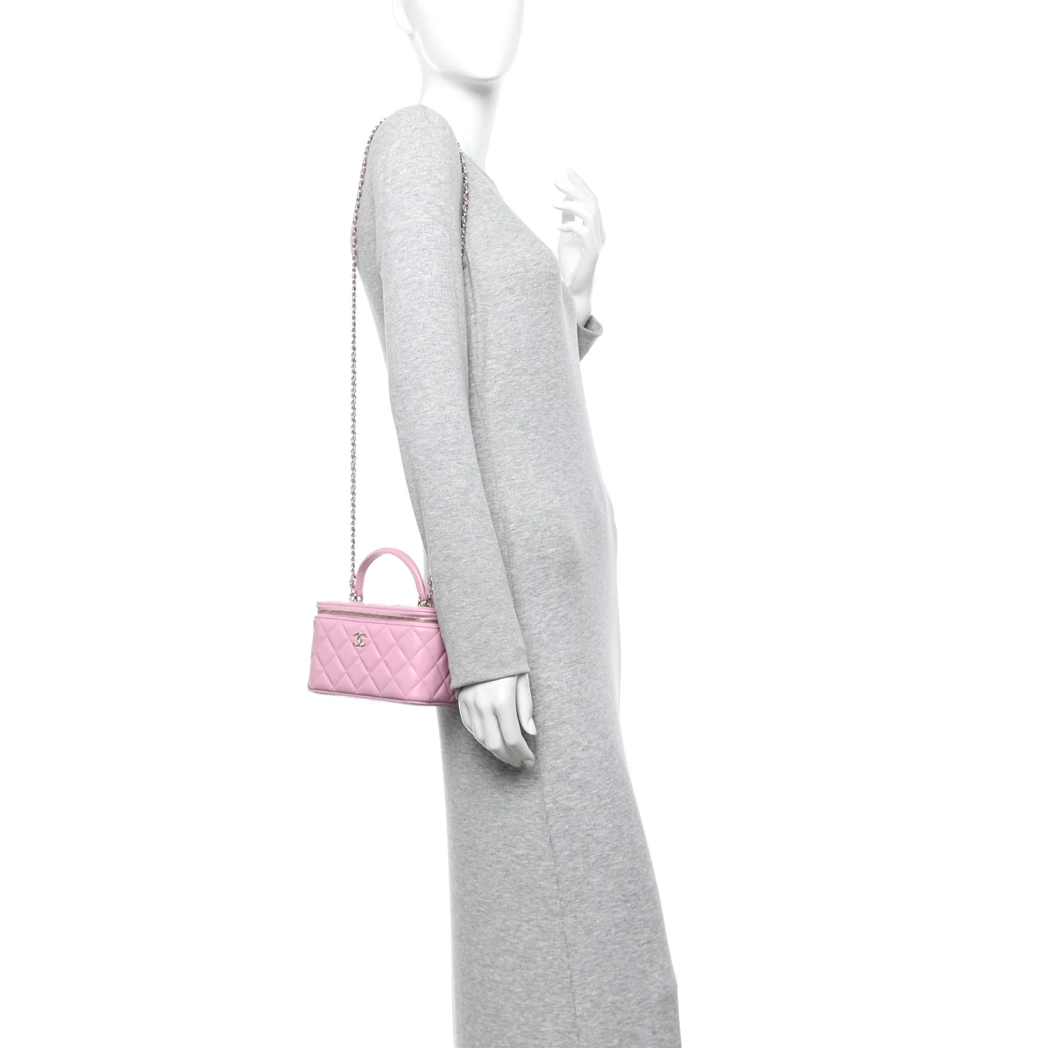 Lambskin Quilted Small Top Handle Vanity Case With Chain Pink - Image 2