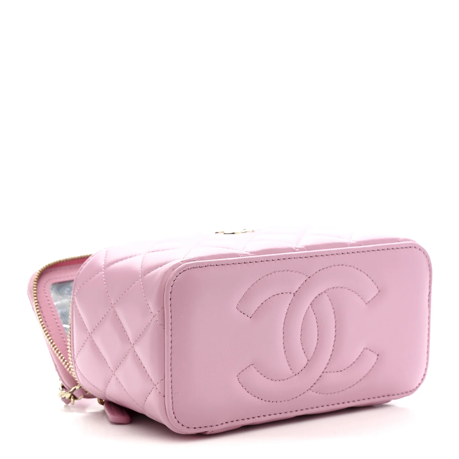 Lambskin Quilted Small Top Handle Vanity Case With Chain Pink - Image 4