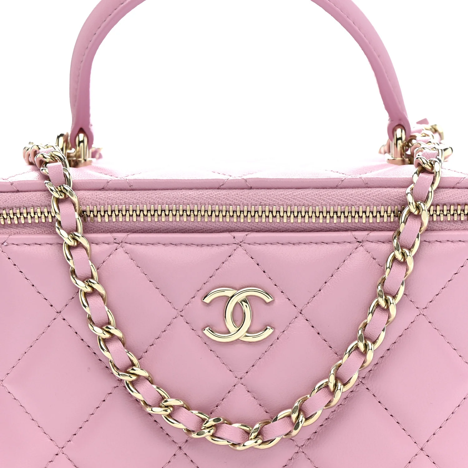 Lambskin Quilted Small Top Handle Vanity Case With Chain Pink - Image 9