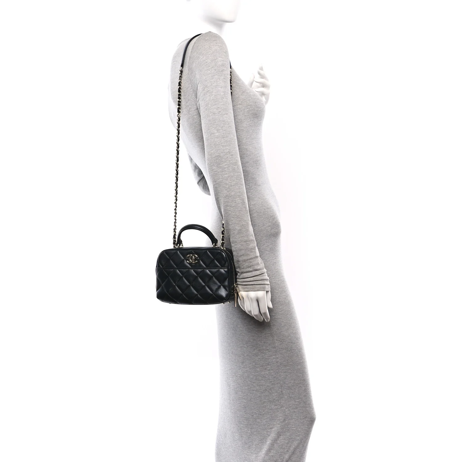 Lambskin Quilted Small Trendy CC Bowling Bag Black - Image 2