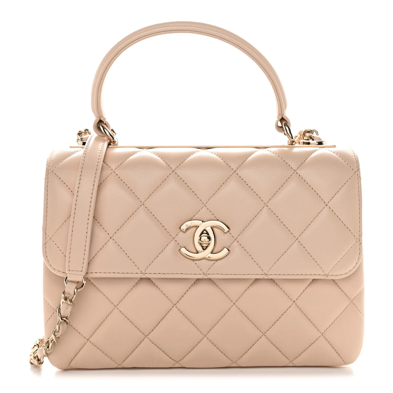 Lambskin Quilted Small Trendy CC Dual Handle Flap Bag Beige - Image 3