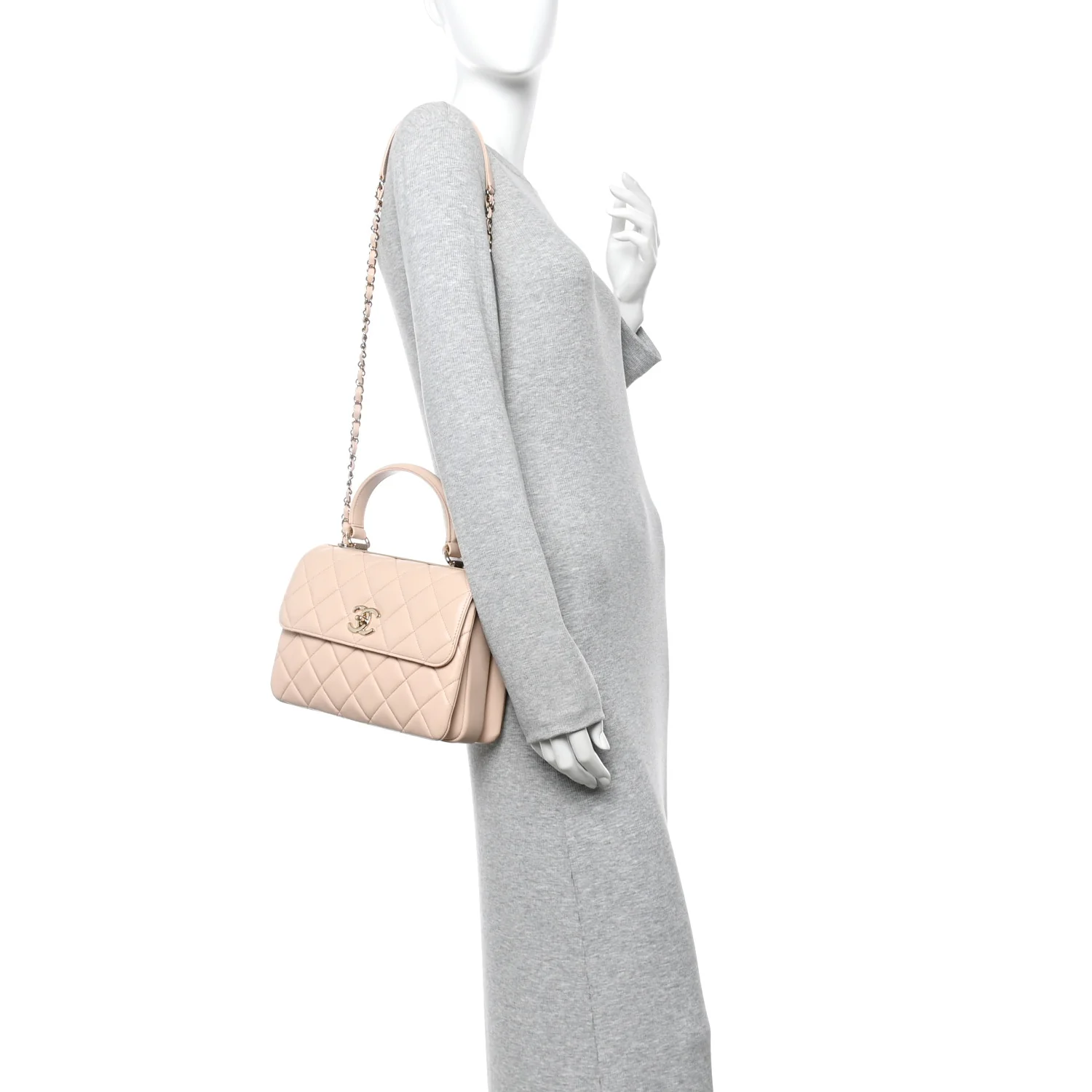 Lambskin Quilted Small Trendy CC Dual Handle Flap Bag Beige - Image 4