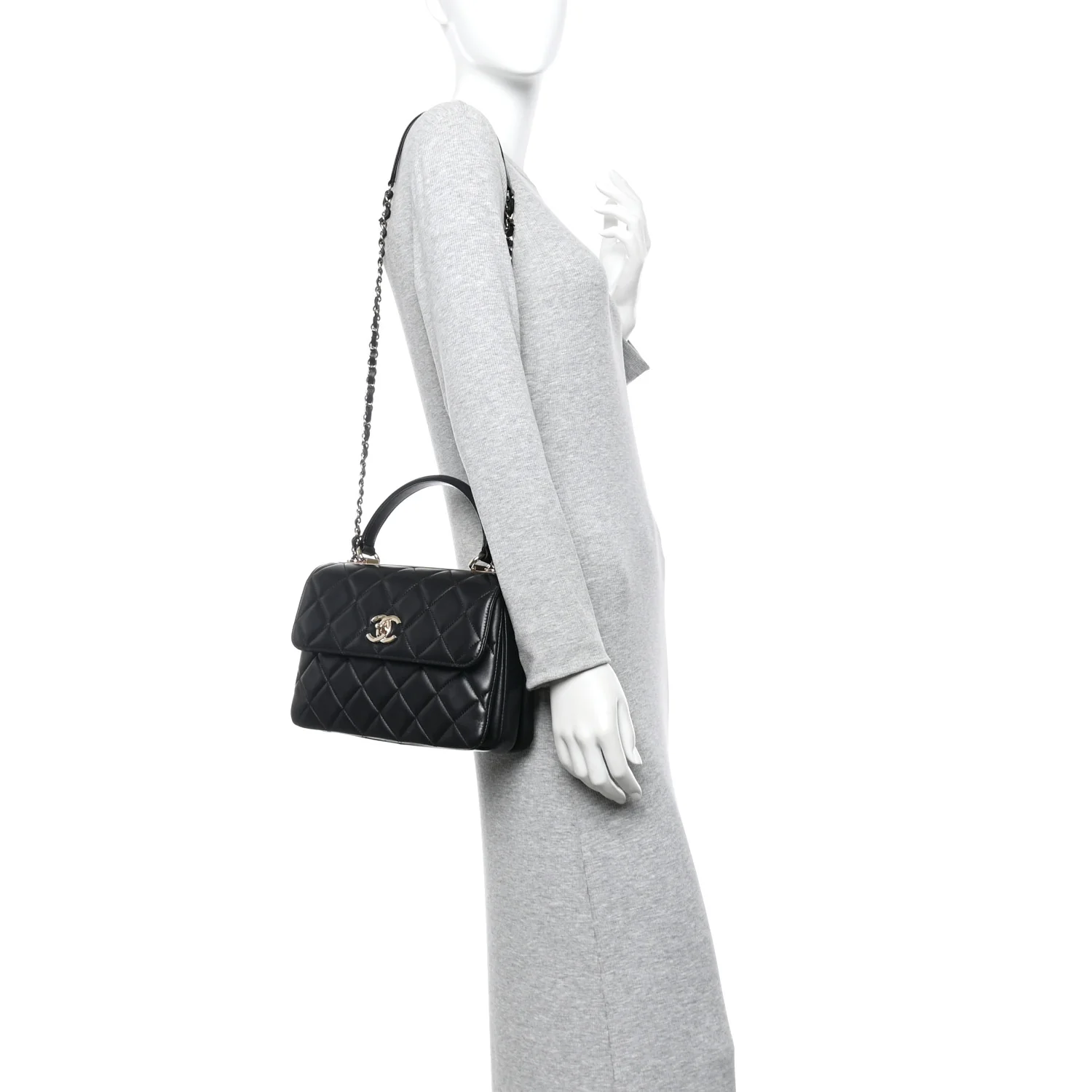 Lambskin Quilted Small Trendy CC Dual Handle Flap Bag Black - Image 2